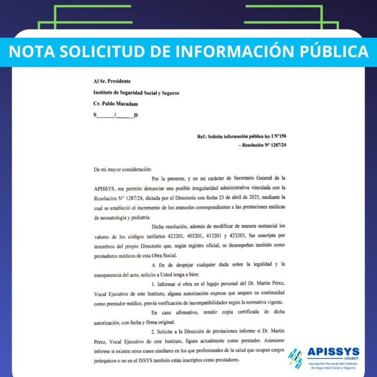 APISSYS RECLAMA EQUIDAD, TRANSPARENCIA EN CONTRATACIONES Y CONTROL ANTE UN CONFLICTO DE INTERESES.